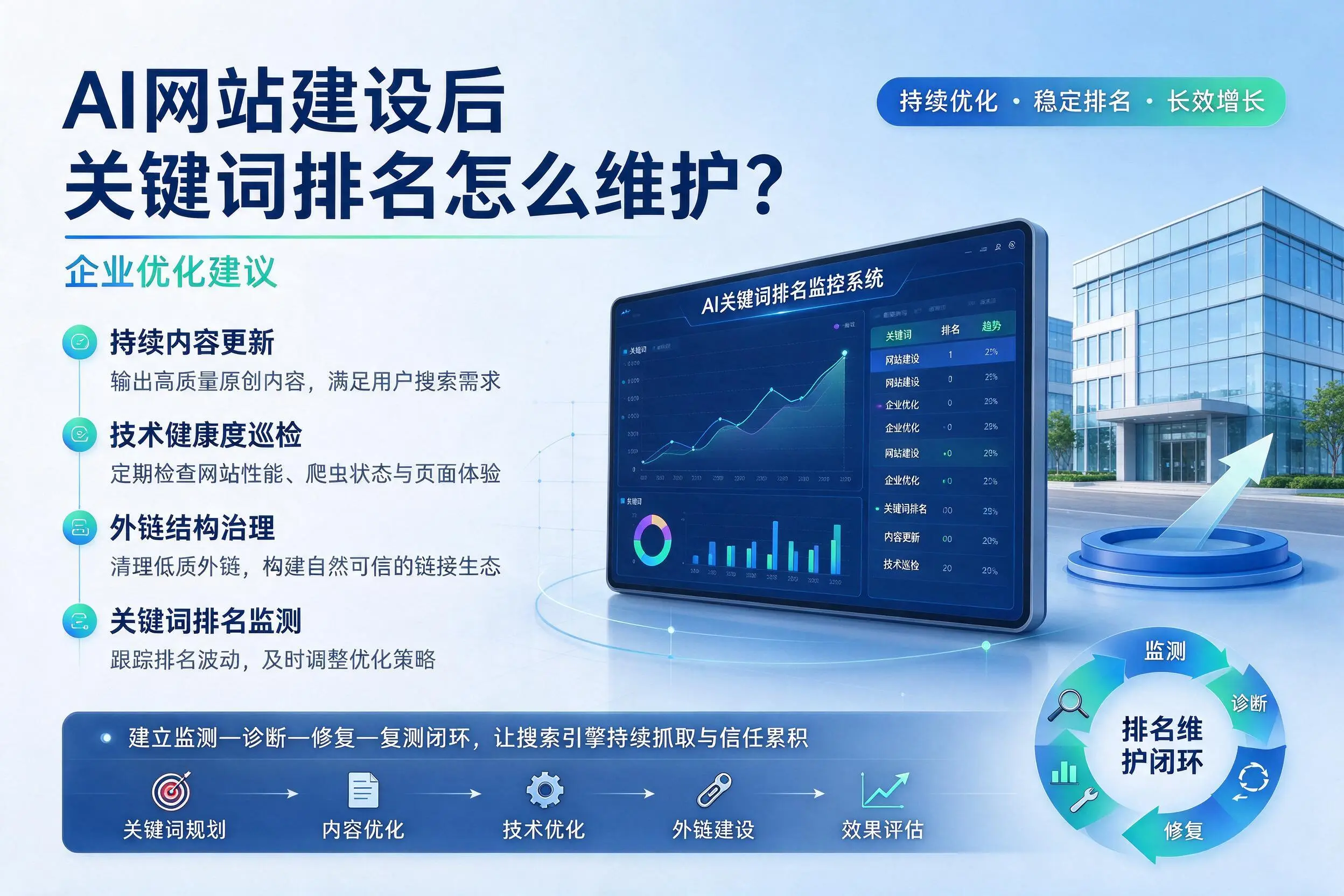 AI网站建设后关键词排名怎么维护?丽江企业优化建议